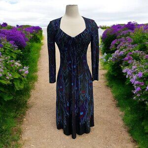 Muse Womens Peacock Feather Print Dress Deep V-Neck Sz 6 Boho Chic Evening Wear